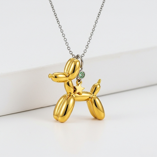 Custom Stainless Steel Balloon Dog Pendant Necklace with Green Zirconia and Star Charm